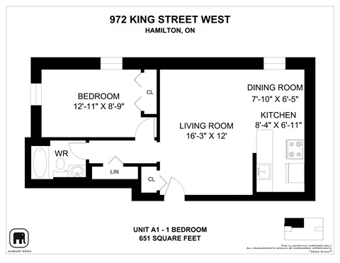 A floor plan for a one bedroom apartment at 972 King Street West in Hamilton, Ontario.